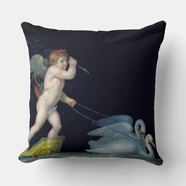Cupid being led by a pair of swans (oil on panel) throw pillow (Front)