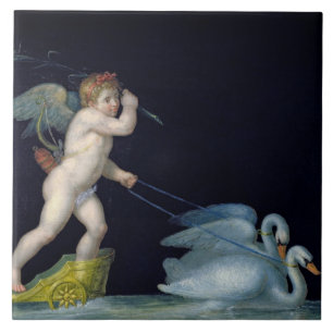 Cupid being led by a pair of swans (oil on panel) tile