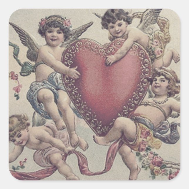 Cupid Cherub Angel Heart Flowers Square Sticker (Front)