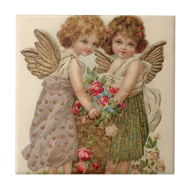 Cupid Cherub Angel Rose Forget-Me-Not Tile (Front)