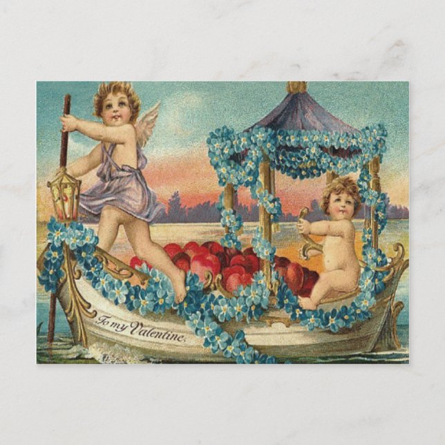 Cupid Cherub Gondola Heart Forget Me Nots Postcard (Front)