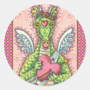 CUPID DRAGON, HEART AND ARROW FANTASY VALENTINE CLASSIC ROUND STICKER