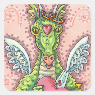 CUPID DRAGON, HEART AND ARROW FANTASY VALENTINE SQUARE STICKER