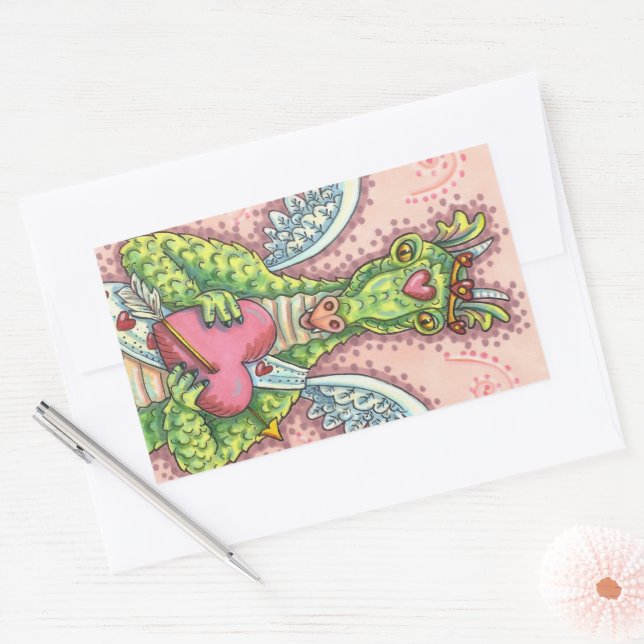 CUPID DRAGON, HEART AND ARROW FANTASY VALENTINE STICKER (Envelope)
