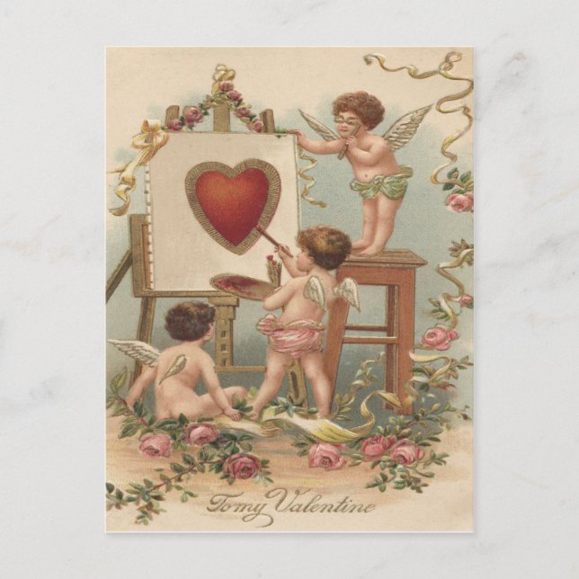 Cupid Heart Painting Roses Rose Postcard (Front)
