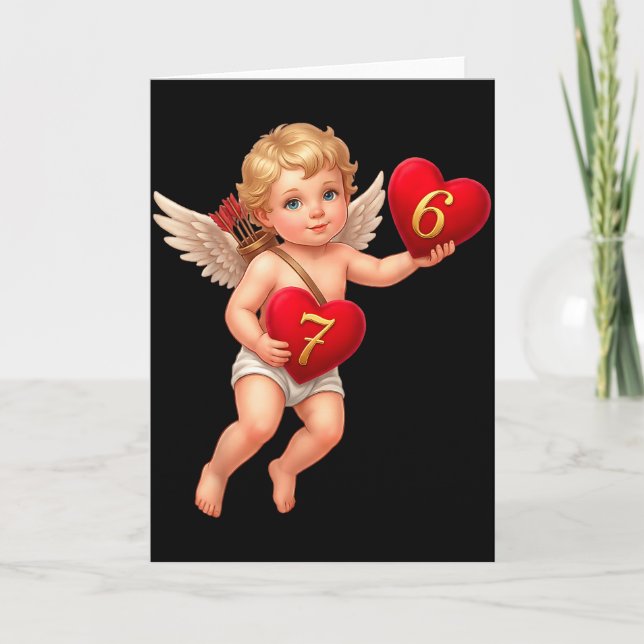 Cupid Holding 6 And 7 Hearts Valentine Meme Cute  Card (Front)