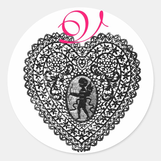 CUPID LACE HEART MONOGRAM ,pink Classic Round Sticker (Front)