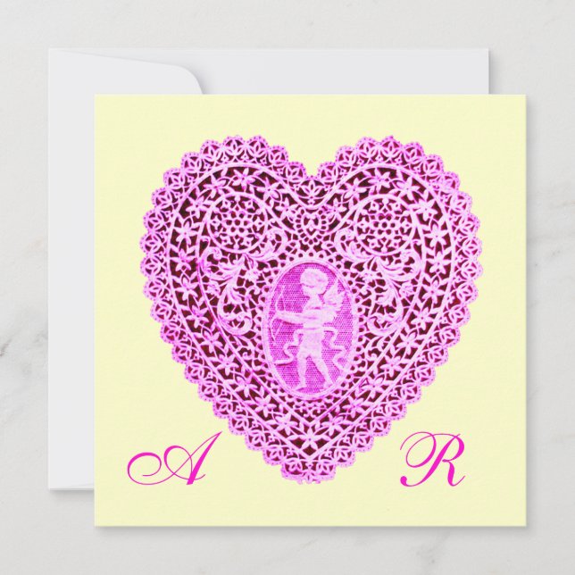 CUPID LACE HEART MONOGRAM, pink fuchsia gold Announcement (Front)