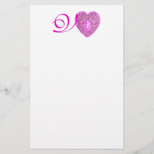 CUPID LACE HEART MONOGRAM, pink fuchsia Stationery (Front)