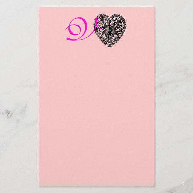 CUPID LACE HEART MONOGRAM, pink fuchsia Stationery (Front)