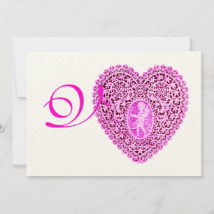CUPID LACE HEART MONOGRAM, red fuchsia felt paper Announcement