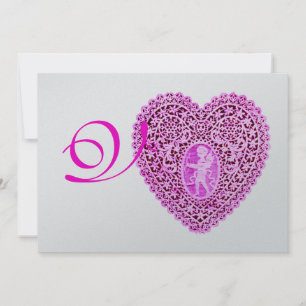 CUPID LACE HEART MONOGRAM, red fuchsia silver Announcement