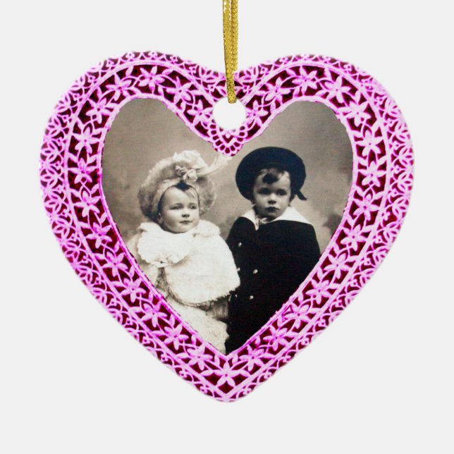 CUPID LACE HEART PHOTO TEMPLATE,pink purple Ceramic Ornament (Front)