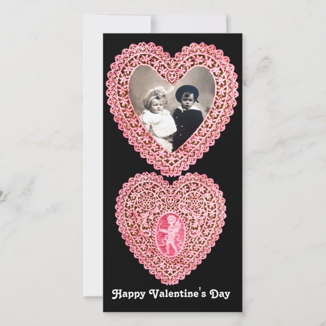 CUPID LACE HEART  , pink red  black Holiday Card (Front)