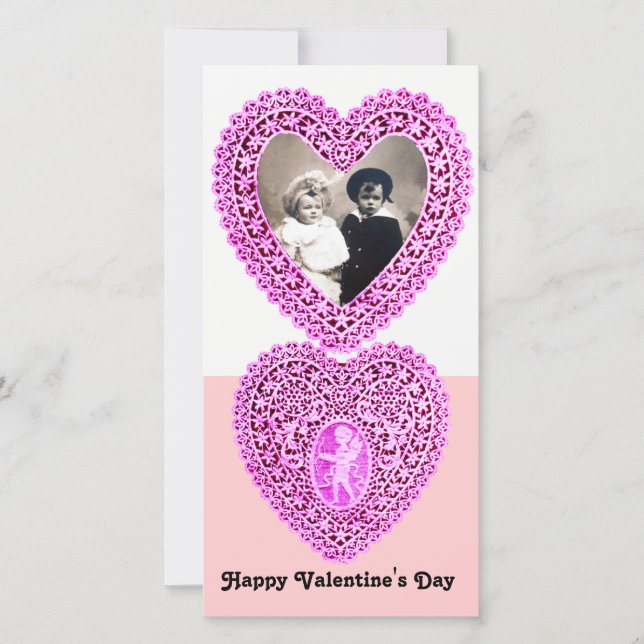CUPID LACE HEART  , Pink White Holiday Card (Front)