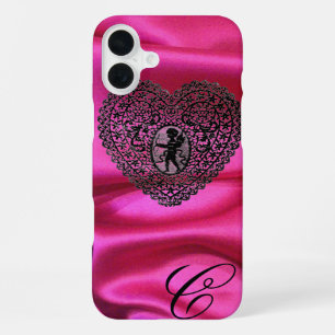 CUPID LACE HEART SILK BLACK FUCHSIA CLOTH MONOGRAM iPhone 16 PLUS CASE