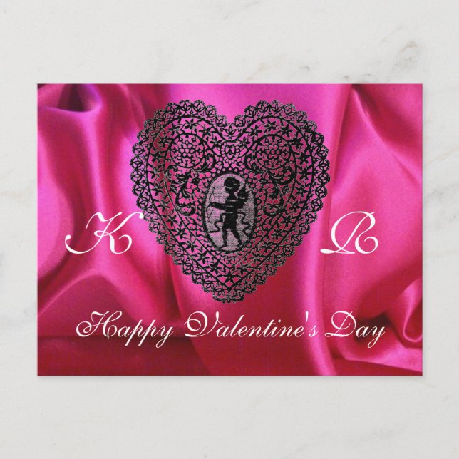 CUPID LACE HEART SILK FUCHSIA CLOTH , Pink Black Holiday Postcard (Front)