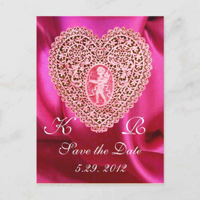 CUPID LACE HEART SILK FUCHSIA CLOTH , Pink Red Announcement Postcard (Front)