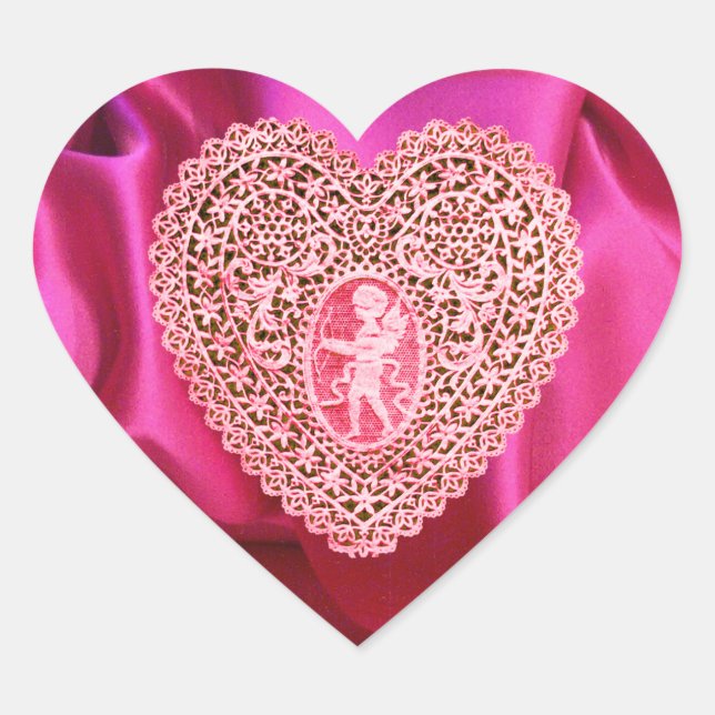 CUPID LACE HEART SILK FUCHSIA CLOTH , Pink Red Heart Sticker (Front)