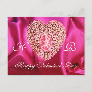 CUPID LACE HEART SILK FUCHSIA CLOTH , Pink Red Holiday Postcard
