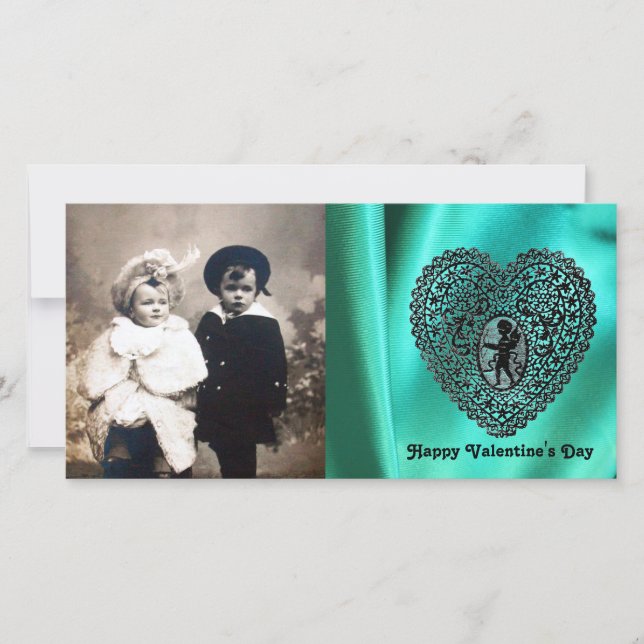 CUPID LACE HEART SILK GREEN BLUE CLOTH, Black Holiday Card (Front)