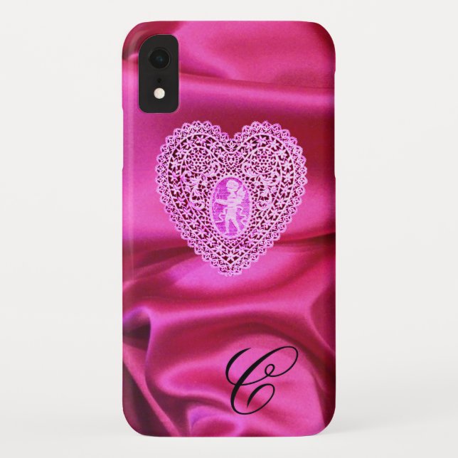 CUPID LACE HEART SILK PINK FUCHSIA CLOTH MONOGRAM Case-Mate iPhone CASE (Back)