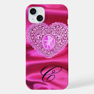 CUPID LACE HEART SILK PINK FUCHSIA CLOTH MONOGRAM iPhone 15 PLUS CASE