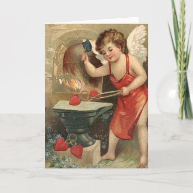 Cupid Making Hearts Vintage Valentine Holiday Card (Front)