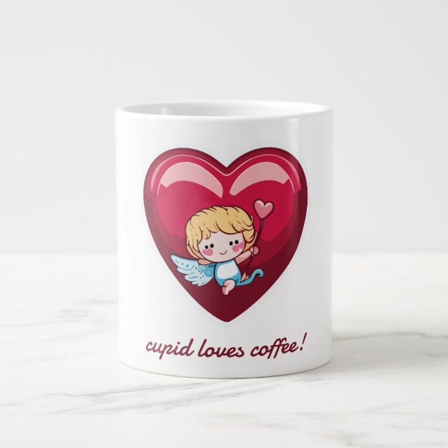 Cupid on Red Heart with Pink Arrow Head Large Coffee Mug (Front)