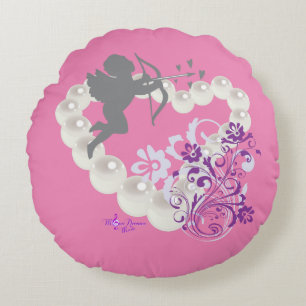 Cupid Pearls Floral Heart Pink Round Pillow