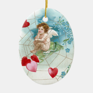 Cupid Snaring Hearts in Web Vintage Valentine Ceramic Ornament