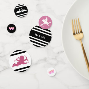 Cupid, swans on black & white striped wedding confetti