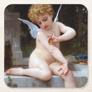 Cupid with a Butterfly, Bouguereau Square Paper Coaster