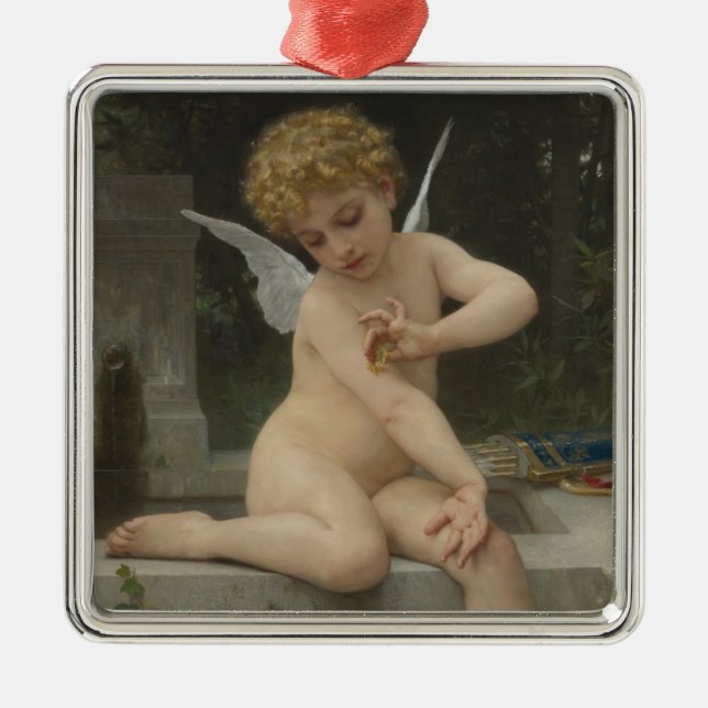 Cupid With a Butterfly (by Bouguereau) Metal Ornament (Front)