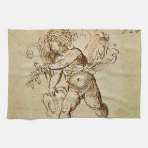Cupid with a Violin by Domenico Campagnola Kitchen Towel