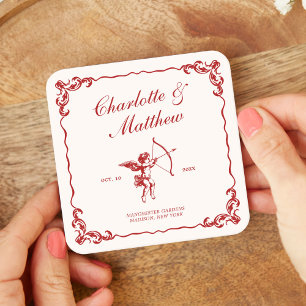 Cupid's Arrow Red Vintage Wedding Square Paper Coaster