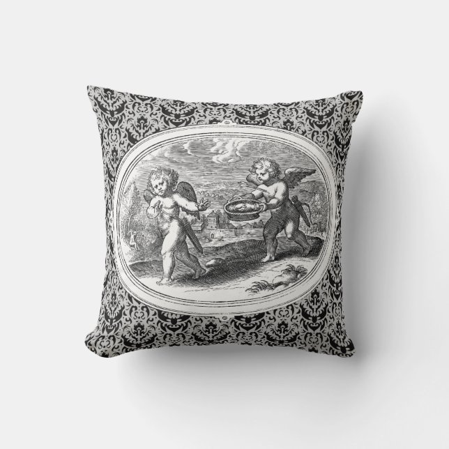 Cupids in a Landscape Antique Engraving Throw Pillow (Front)