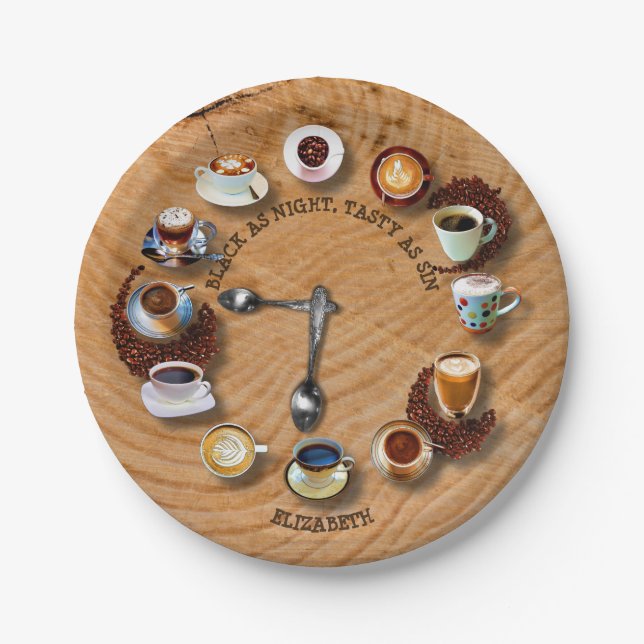 Cups Of Black Coffee With Beans As A Clock Paper Plate (Front)