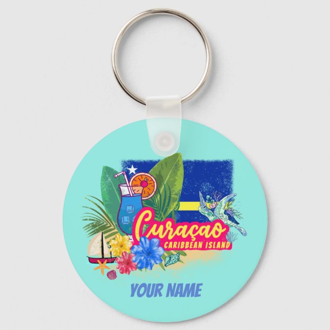 Curacao retro caribbean island with turtle vintage keychain (Front)