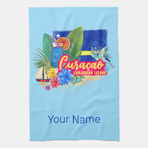 Curacao retro caribbean island with turtle vintage kitchen towel