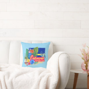 Curacao retro caribbean island with turtle vintage throw pillow