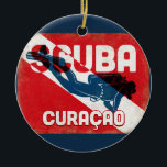 Curaçao Scuba Diver - Blue Retro Ceramic Ornament<br><div class="desc">Curaçao Caribbean scuba diving design. A vintage style retro red scuba flag background with navy blue scuba diver.</div>
