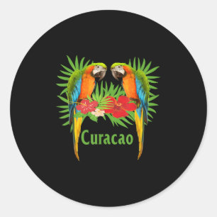 Curacao Vacation Parrots Tropical Flowers Green Pa Classic Round Sticker