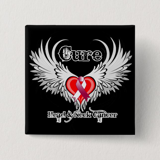 Cure Head Neck Cancer Heart Tattoo Wings 2 Inch Square Button (Front)