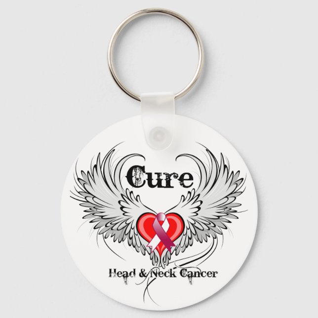 Cure Head Neck Cancer Heart Tattoo Wings Keychain (Front)