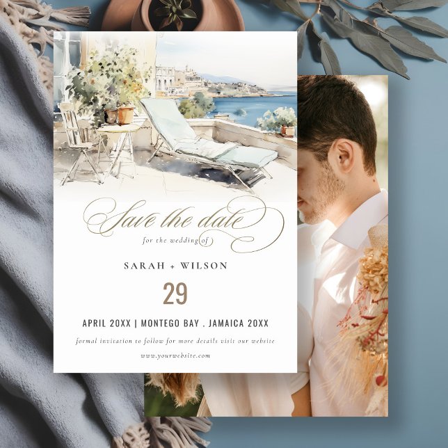 Curfu Greece Watercolor Landscape Photo Wedding Save The Date (Creator Uploaded)
