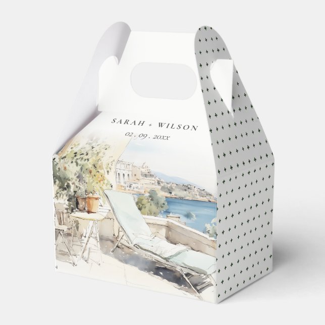 Curfu Greece Watercolor Landscape Wedding Favor Box (Front Side)