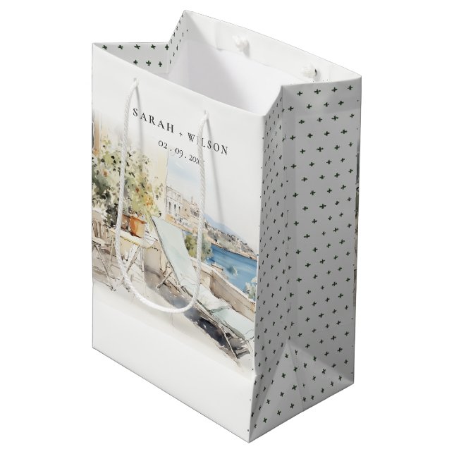 Curfu Greece Watercolor Landscape Wedding Medium Gift Bag (Front Angled)