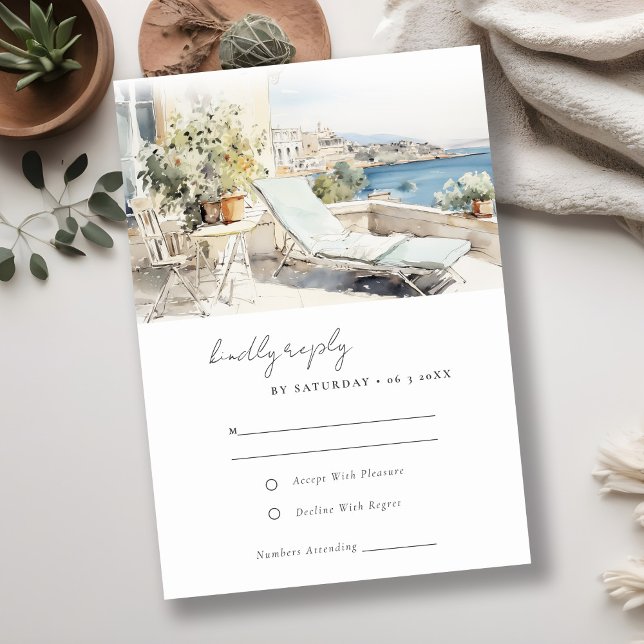 Curfu Greece Watercolor Landscape Wedding RSVP Card (Creator Uploaded)