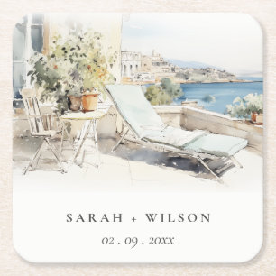Curfu Greece Watercolor Landscape Wedding Square Paper Coaster